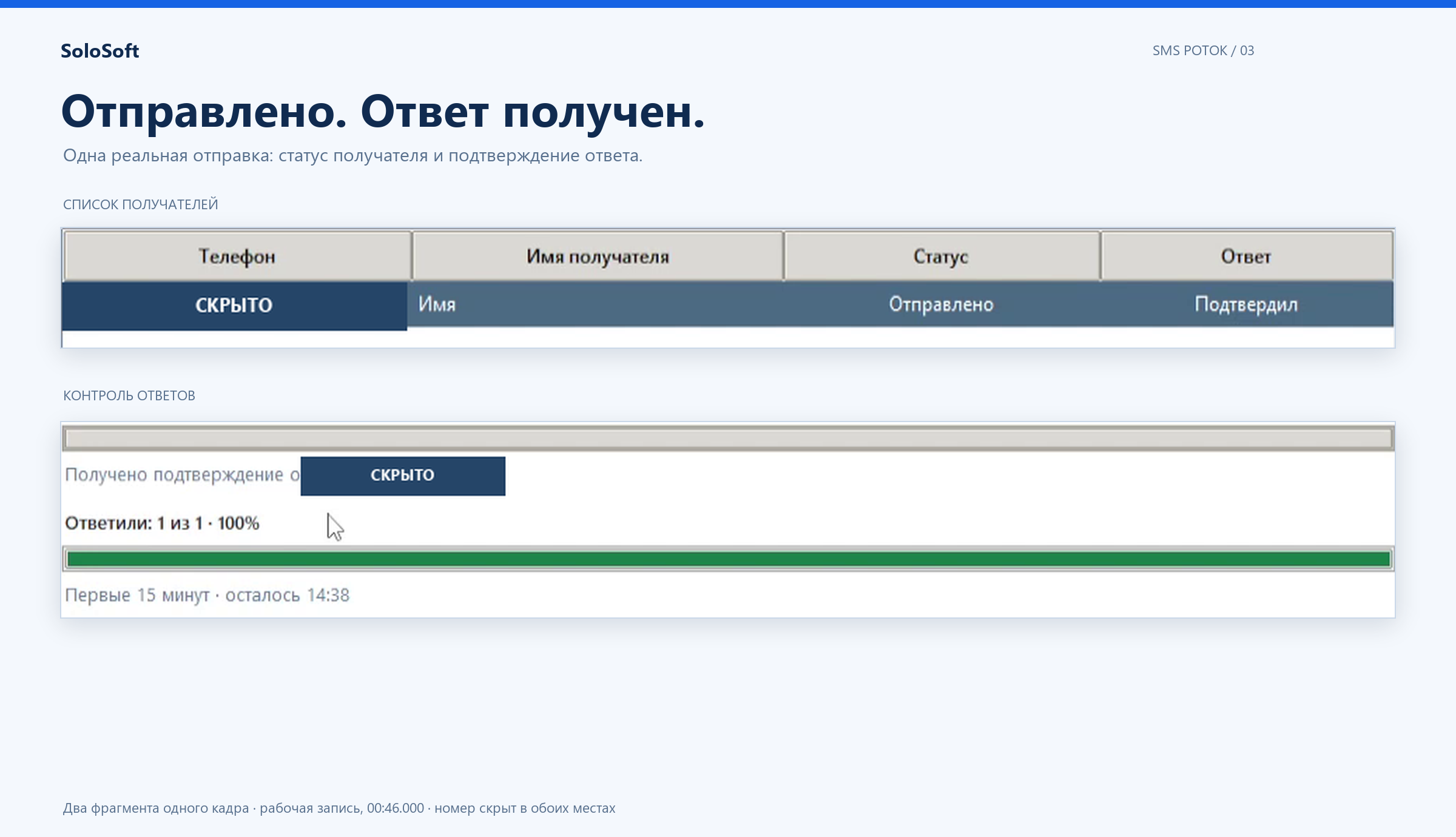 Два фрагмента одного кадра SMS Potok: статус «Отправлено» и подтверждение ответа «Подтвердил»; телефон скрыт.
